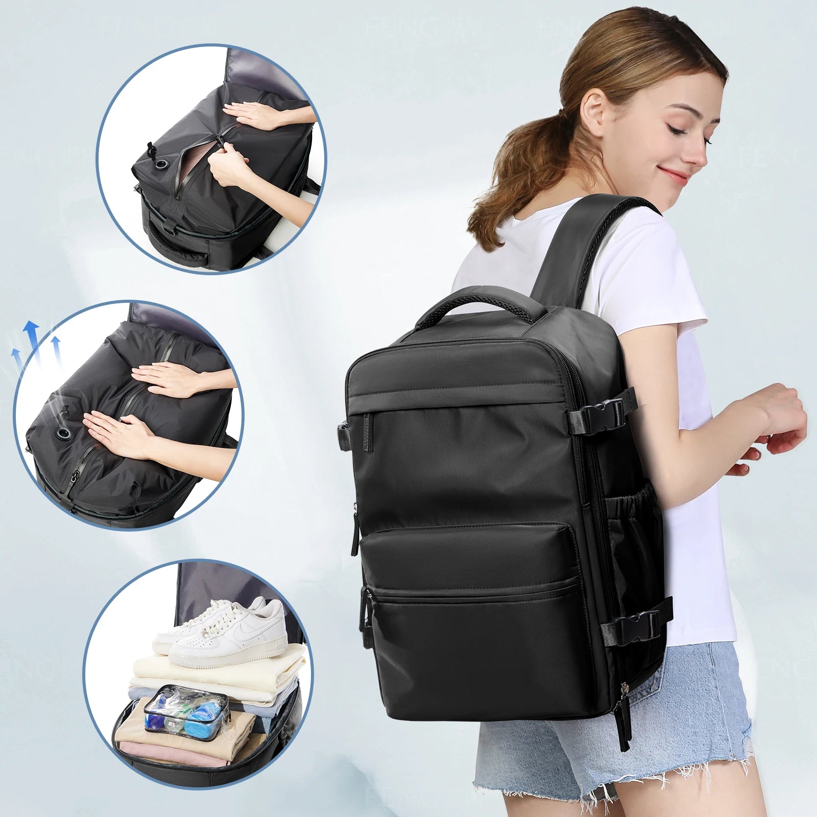 Vacuum Travel Backpack 60L – Expandable Business Laptop Bag with Air Compression Pump, Water Resistant, TSA Lock