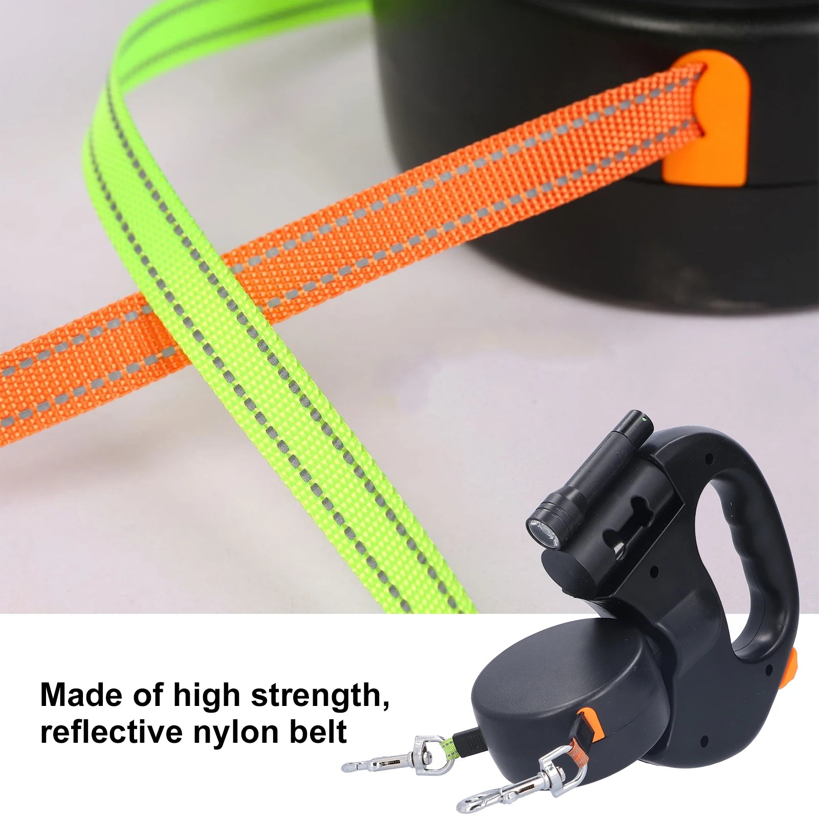 Retractable double dog leash for two dogs with ergonomic handle, black color