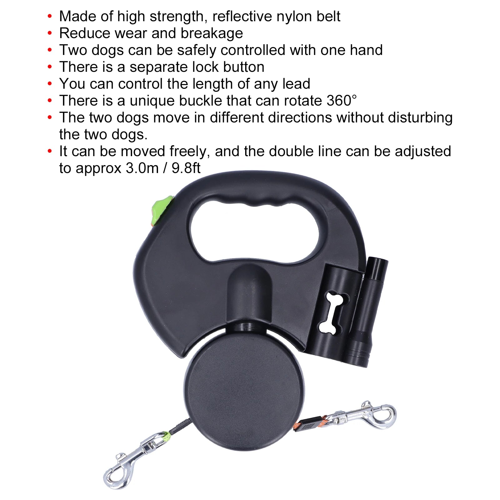 Retractable double dog leash for two dogs with ergonomic handle, black color