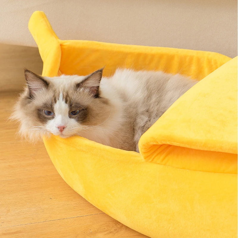 Cute Banana Cat Bed House Large Size, Christmas Pet Bed Soft Warm Cat Cuddle Bed, Lovely Pet Supplies for Cats Kittens Rabbit Small Dogs Bed,Yellow