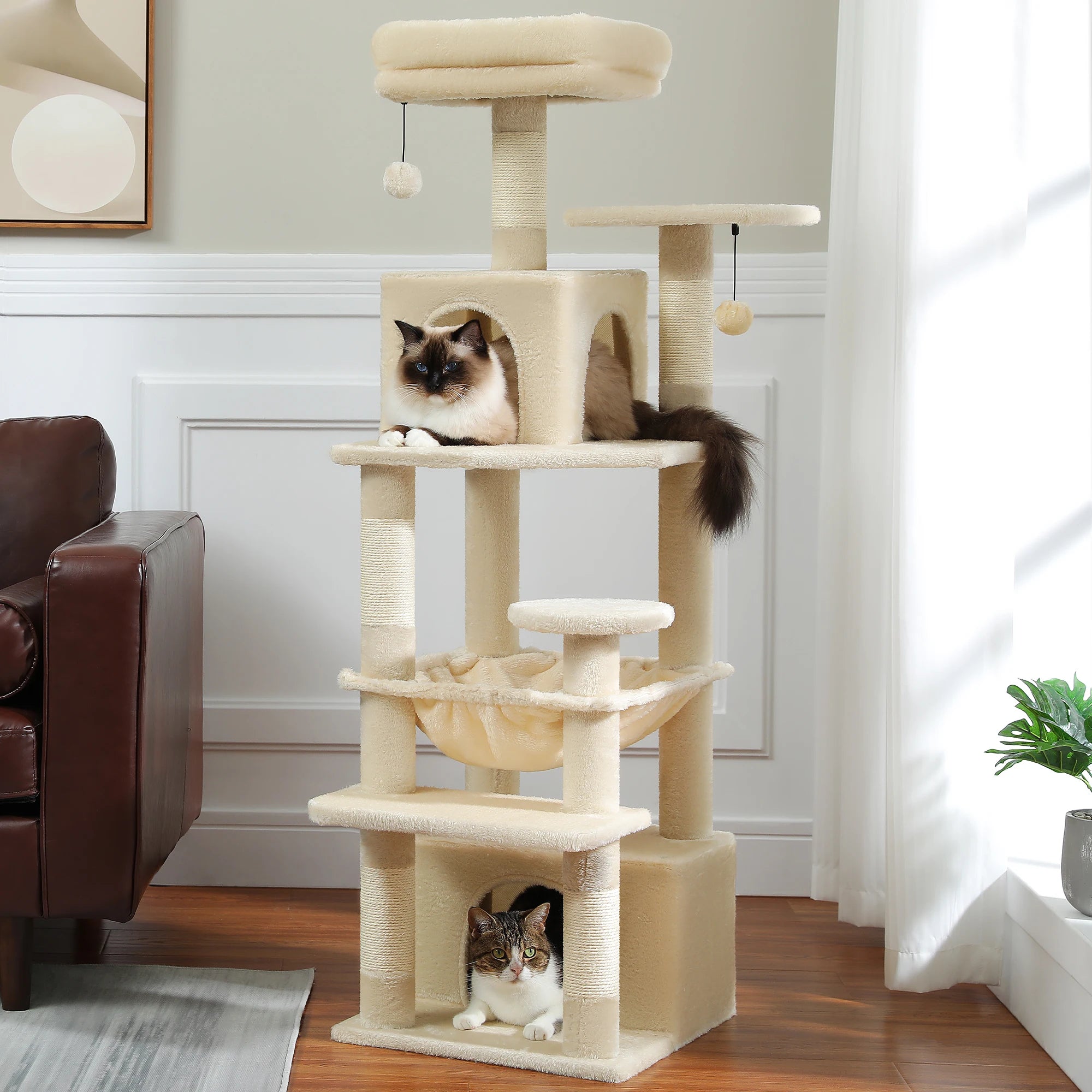 Tall 136cm Cat Tree Tower with Modern Spacious Hammocks Condos Scratching Posts House Dual Padded Perches for Indoor Large Cats