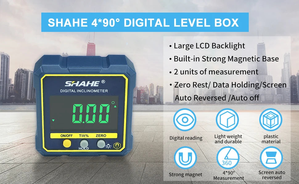 SHAHE digital angle finder inclinometer with green LCD display, magnetic base, precision protractor tool for woodworking and construction