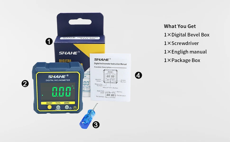 SHAHE digital angle finder inclinometer with green LCD display, magnetic base, precision protractor tool for woodworking and construction