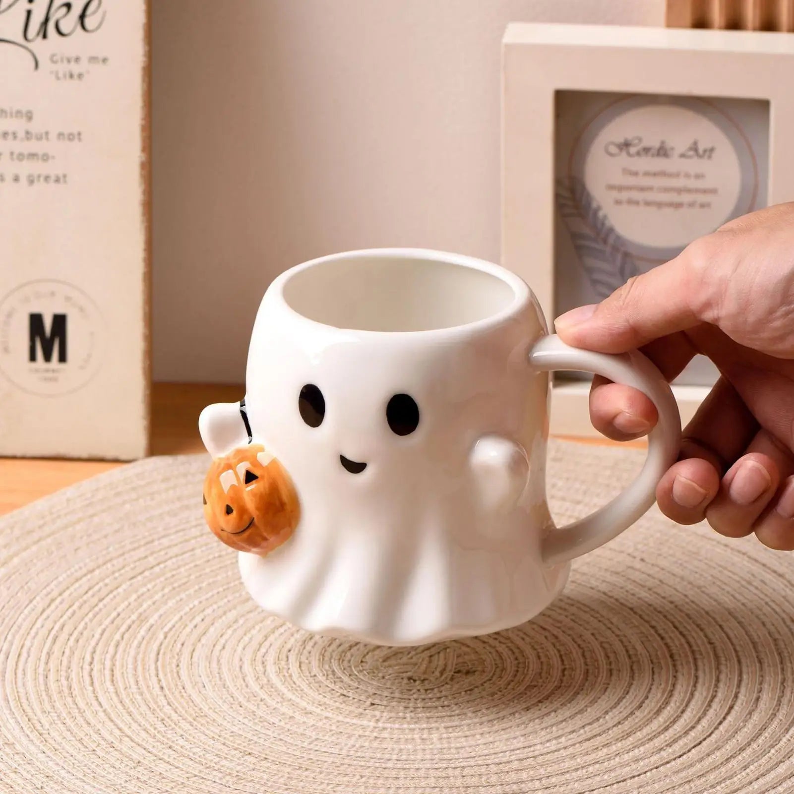 Halloween Ghost Mug – Cute Ceramic Coffee Cup with Pumpkin, Funny Gift for Home & Office