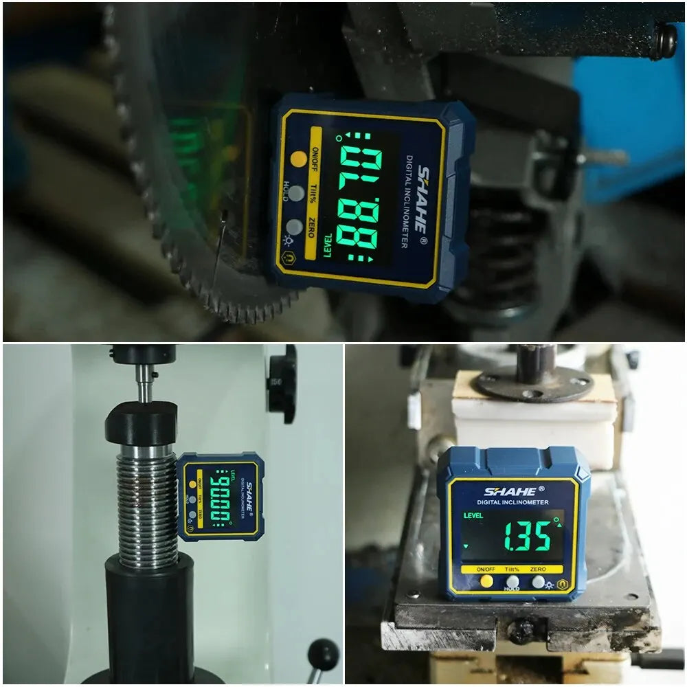 SHAHE digital angle finder inclinometer with green LCD display, magnetic base, precision protractor tool for woodworking and construction