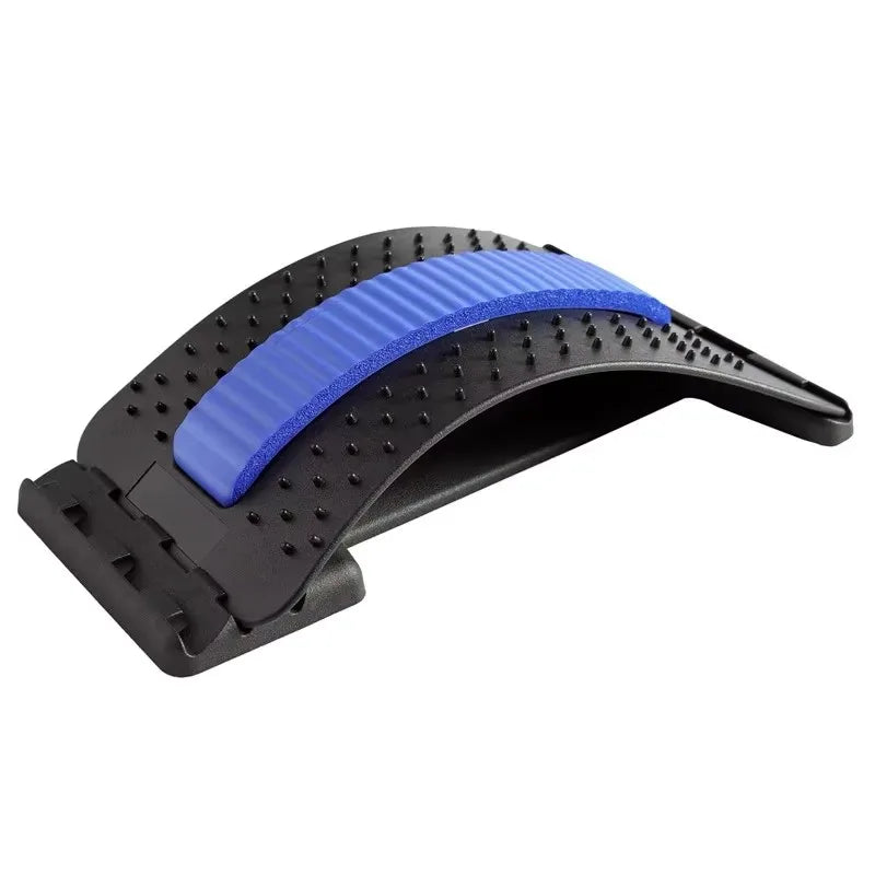 Back stretcher for lower back pain relief with lumbar support and acupressure – woman using spine decompression device