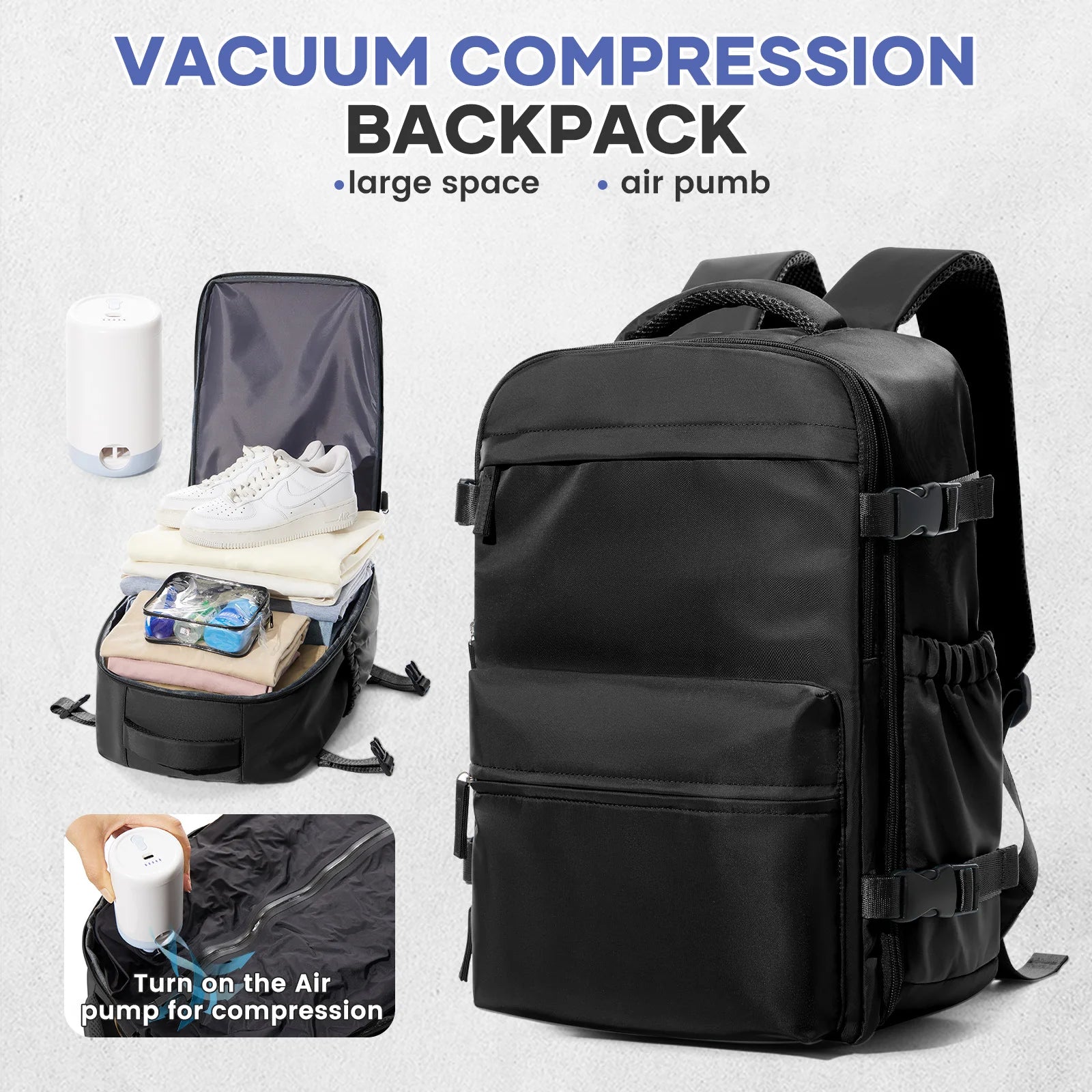 Vacuum Travel Backpack 60L – Expandable Business Laptop Bag with Air Compression Pump, Water Resistant, TSA Lock