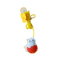 A cat toy with a cute cat face design in white and red, attached to a yellow string with a suction cup. The toy is designed to be hung from surfaces, providing playful entertainment for cats.