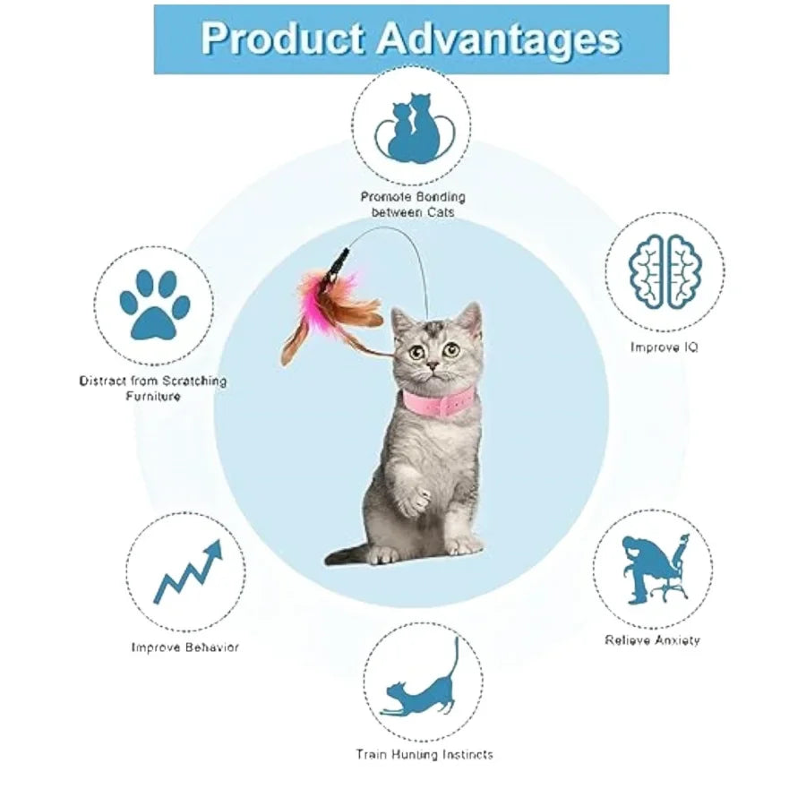 Cat Collar Toy, New Premium Teasing Wand with Colorful Natural Feathers and Bell, Lightweight Silicone for Extra Comfort, Interactive Self Playing Toys for Indoor Kittens