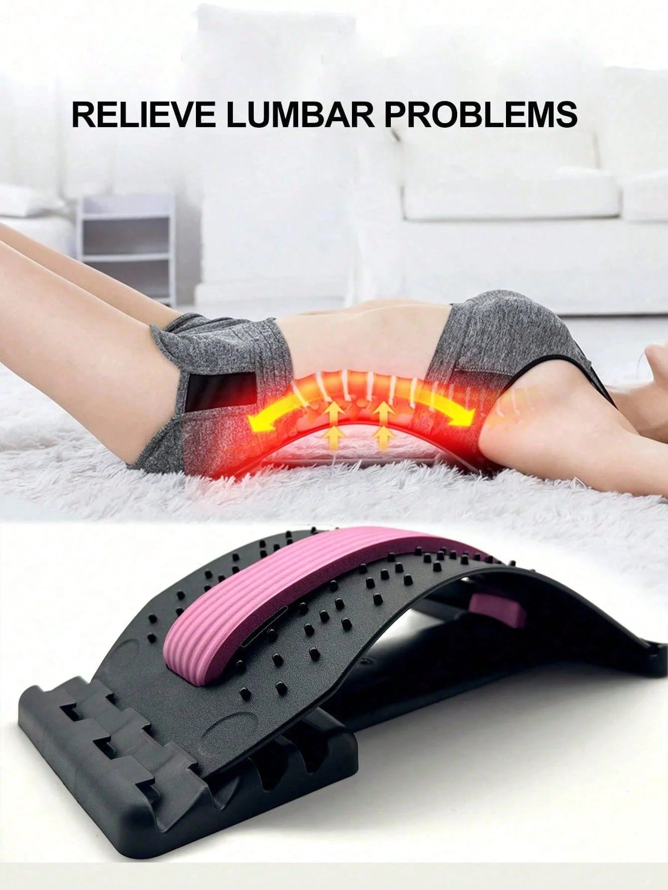 Back stretcher for lower back pain relief with lumbar support and acupressure – woman using spine decompression device