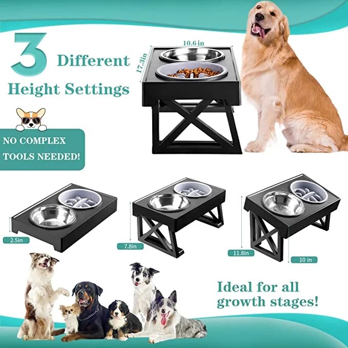 Elevated Dog Bowls with Adjustable Heights and Slow Feeder