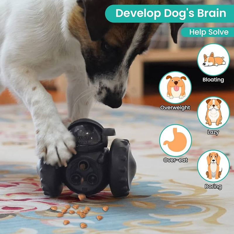 A white and brown dog plays with a black toy designed to develop the dog's brain. The toy is dispensing treats as the dog interacts with it. The image includes graphics indicating the toy helps solve issues like bloating, overweight, laziness, overeating, and boredom.