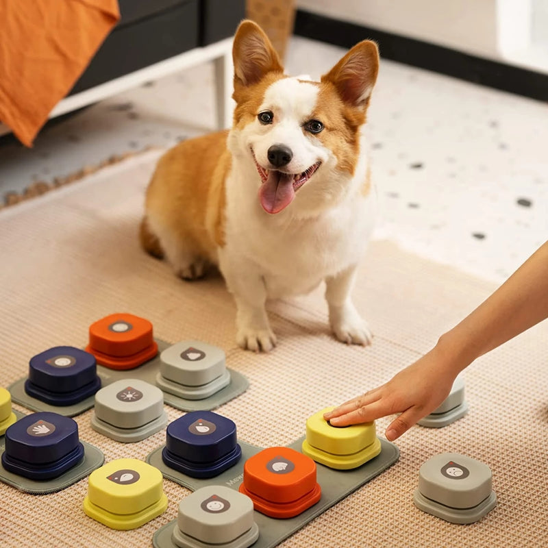 A happy brown and white corgi sits next to a set of colored communication buttons on a gray mat, with a human hand pressing one of the yellow buttons. The buttons are labeled with icons for different commands, making communication with the pet easier.